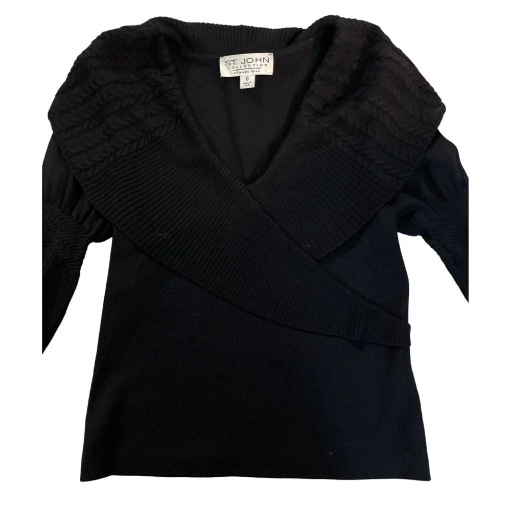 Vintage St.‎ John Collection Marie Gray Black Knit Wrap Bell Sleeve Sweater Sz 0